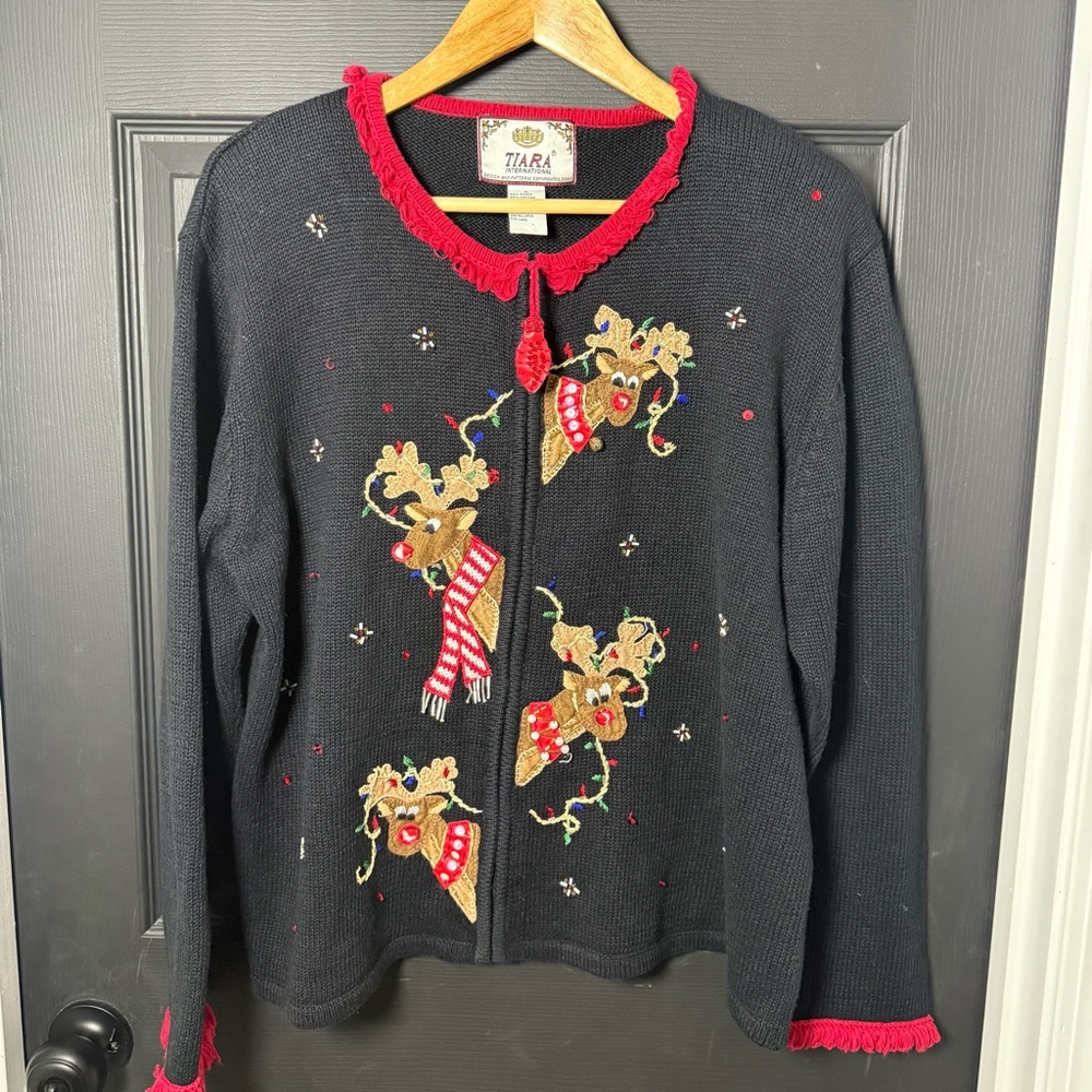 Tiara Women's Black Cardigan with Reindeer and Red Accents